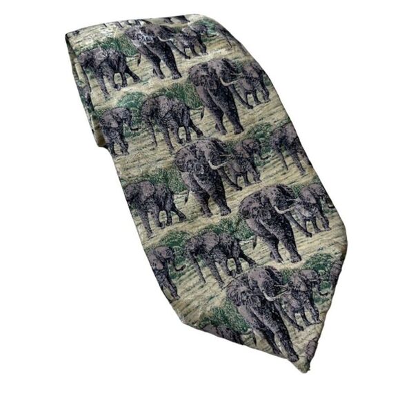 Vintage Endangered Species Men's Elephant Tie Cream gray green black - Picture 1 of 4